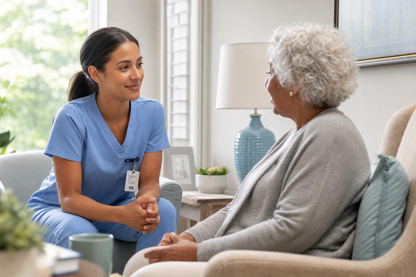 A friendly registered nurse talking with an elderly woman in the comfort of her living room.